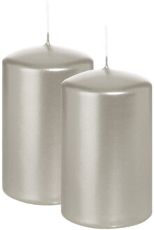 Trend Candles Cilinderkaars/stompkaars - 2x - metallic zilver - 6 x 8 cm - 29 branduren