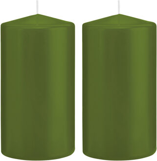 Trend Candles Cilinderkaars/stompkaars - 2x - olijfgroen - 8 x 15 cm - 69 branduren