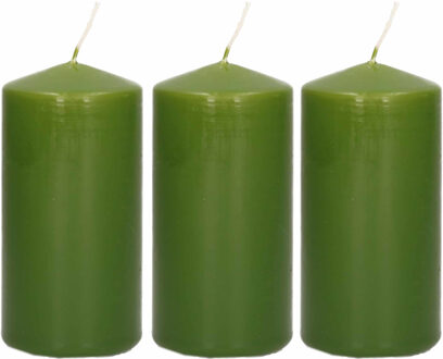 Trend Candles Cilinderkaars/stompkaars - 3x - olijfgroen - 6 x 12 cm - 40 branduren