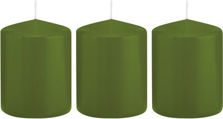 Trend Candles Cilinderkaars/stompkaars - 3x - olijfgroen - 6 x 8 cm - 29 branduren