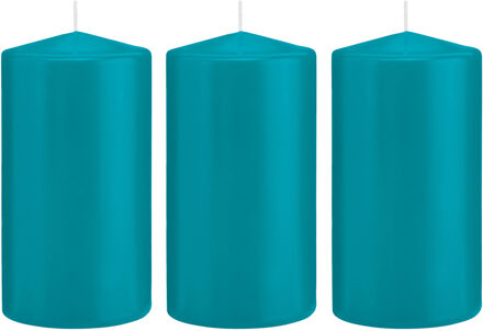 Trend Candles Cilinderkaars/stompkaars - 3x - turquoise - 8 x 15 cm - 69 branduren