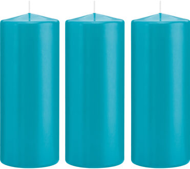 Trend Candles Cilinderkaars/stompkaars - 3x - turquoise - 8 x 20 cm - 119 branduren
