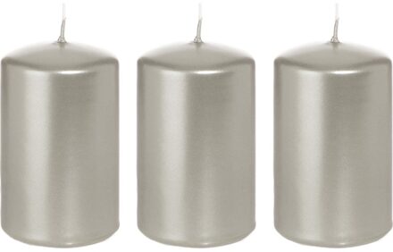Trend Candles Cilinderkaars/stompkaars - 3x - zilver - 5 x 8 cm - 18 branduren