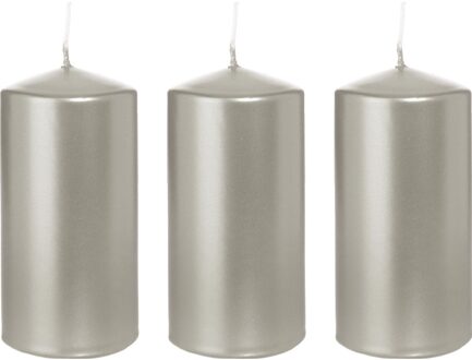 Trend Candles Cilinderkaars/stompkaars - 3x - zilver - 6 x 12 cm - 40 branduren