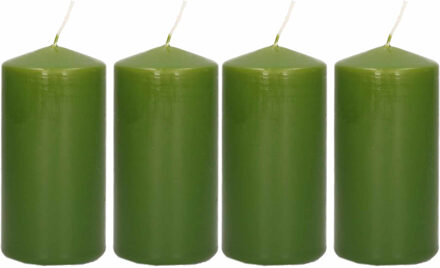Trend Candles Cilinderkaars/stompkaars - 4x - olijfgroen - 5 x 10 cm - 23 branduren