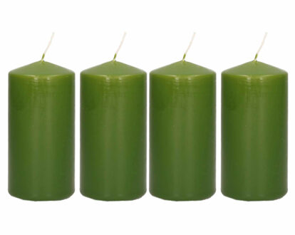 Trend Candles Cilinderkaars/stompkaars - 4x - olijfgroen - 6 x 12 cm - 40 branduren