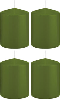 Trend Candles Cilinderkaars/stompkaars - 4x - olijfgroen - 6 x 8 cm - 29 branduren