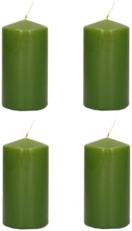 Trend Candles Cilinderkaars/stompkaars - 4x stuks - olijfgroen - 6 x 12 cm - 40 branduren