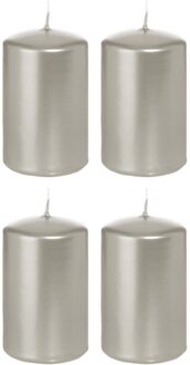 Trend Candles Cilinderkaars/stompkaars - 4x - zilver - 5 x 8 cm - 18 branduren