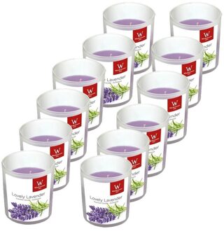 Trend Candles Geurkaars - 12x - in glas - Lavendel aroma - 25 branduren - 7 x 8 cm