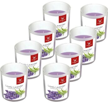 Trend Candles Geurkaars - 8x - in glas - Lavendel aroma - 25 branduren - 7 x 8 cm