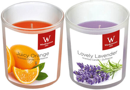 Trend Candles Geurkaarsen set - 4x stuks - in glazen houder - lavendel en sinaasappel - 25 branduren