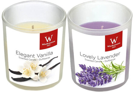 Trend Candles Geurkaarsen set - van 4x stuks - in glazen houder - lavendel en vanille - 25 branduren