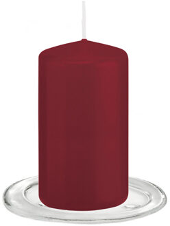 Trend Candles Stompkaarsen met glazen onderzetters set van 2x stuks - bordeaux rood 6 x 12 cm - Stompkaarsen