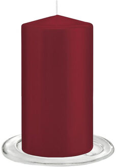 Trend Candles Stompkaarsen met glazen onderzetters set van 2x stuks - bordeaux rood 8 x 15 cm - Stompkaarsen