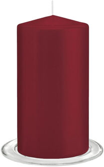 Trend Candles Stompkaarsen met glazen onderzetters set van 2x stuks - bordeaux rood 8 x 15 cm - Stompkaarsen