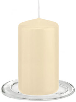 Trend Candles Stompkaarsen met glazen onderzetters set van 2x stuks - creme wit 6 x 12 cm - Stompkaarsen Crème