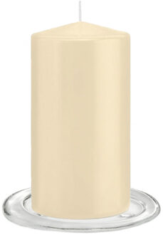 Trend Candles Stompkaarsen met glazen onderzetters set van 2x stuks - creme wit 8 x 15 cm