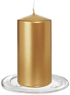 Trend Candles Stompkaarsen met glazen onderzetters set van 2x stuks - goud metallic 6 x 12 cm - Stompkaarsen Goudkleurig