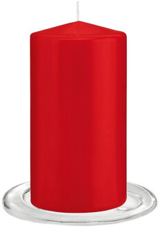 Trend Candles Stompkaarsen met glazen onderzetters set van 2x stuks - helder rood 8 x 15 cm - Stompkaarsen