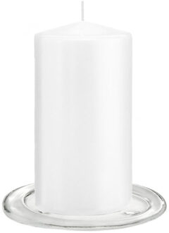 Trend Candles Stompkaarsen met glazen onderzetters set van 2x stuks - helder wit 8 x 15 cm