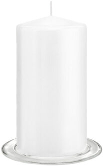 Trend Candles Stompkaarsen met glazen onderzetters set van 2x stuks - helder wit 8 x 15 cm