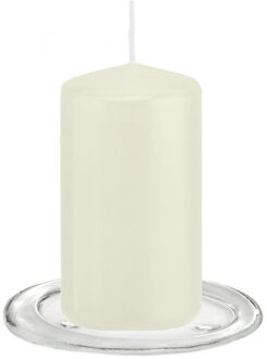 Trend Candles Stompkaarsen met glazen onderzetters set van 2x stuks - ivoor wit 6 x 12 cm - Stompkaarsen