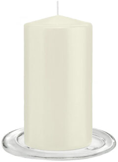 Trend Candles Stompkaarsen met glazen onderzetters set van 2x stuks - ivoor wit 8 x 15 cm