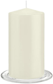 Trend Candles Stompkaarsen met glazen onderzetters set van 2x stuks - ivoor wit 8 x 15 cm