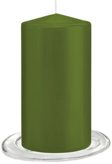 Trend Candles Stompkaarsen met glazen onderzetters set van 2x stuks - olijf groen 8 x 15 cm