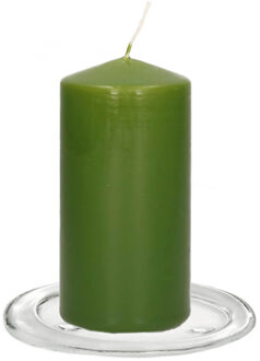 Trend Candles Stompkaarsen met glazen onderzetters set van 2x stuks - Olijfgroen 6 x 12 cm - Stompkaarsen