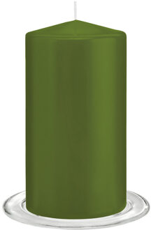 Trend Candles Stompkaarsen met glazen onderzetters set van 2x stuks - olijfgroen 8 x 15 cm