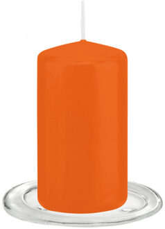 Trend Candles Stompkaarsen met glazen onderzetters set van 2x stuks - oranje 6 x 12 cm - Stompkaarsen