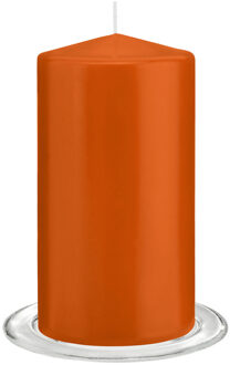 Trend Candles Stompkaarsen met glazen onderzetters set van 2x stuks - oranje 8 x 15 cm