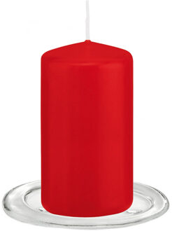 Trend Candles Stompkaarsen met glazen onderzetters set van 2x stuks - rood 6 x 12 cm - Stompkaarsen