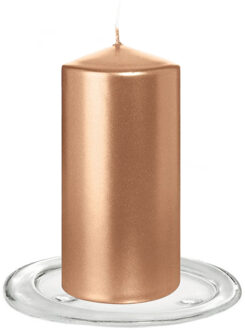 Trend Candles Stompkaarsen met glazen onderzetters set van 2x stuks - rose goud 6 x 12 cm - Stompkaarsen Goudkleurig