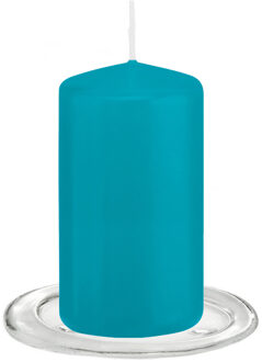 Trend Candles Stompkaarsen met glazen onderzetters set van 2x stuks - Turquoise blauw 6 x 12 cm - Stompkaarsen