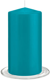 Trend Candles Stompkaarsen met glazen onderzetters set van 2x stuks - turquoise blauw 8 x 15 cm - Stompkaarsen