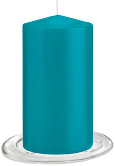 Trend Candles Stompkaarsen met glazen onderzetters set van 2x stuks - turquoise blauw 8 x 15 cm