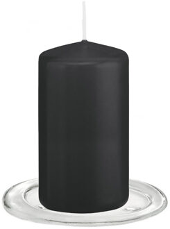 Trend Candles Stompkaarsen met glazen onderzetters set van 2x stuks - zwart 6 x 12 cm - Stompkaarsen