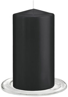 Trend Candles Stompkaarsen met glazen onderzetters set van 2x stuks - zwart 8 x 15 cm