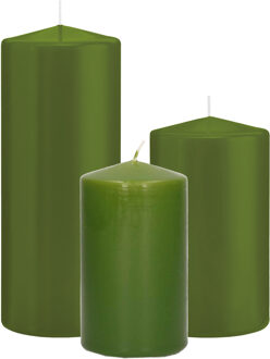 Trend Candles Stompkaarsen set van 3x stuks olijfgroen 12-15-20 cm