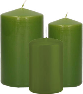 Trend Candles Stompkaarsen set van 3x stuks olijfgroen 8-10-12 cm