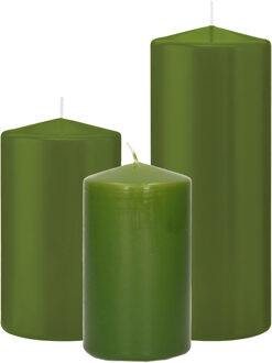 Trend Candles Stompkaarsen set van 6x stuks olijfgroen 12-15-20 cm - Stompkaarsen