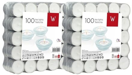 Trend Candles Theelichtjes/waxinelichtjes - wit - 200x stuks - 4 branduren - Geurloze kaars