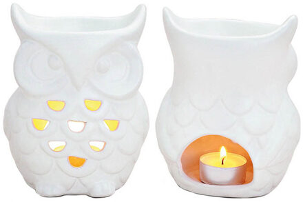 Trend Candles Uilen beeldje geurolie/scented chips/waxmelts brander 9 x 11 cm - Geurbranders Wit