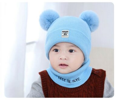 Trend Pasgeboren Kids Baby Jongen Meisje Pom Hoed Winter Warm Knit Bobble Beanie Cap Sjaal Set Casual Brief warmer Pak Blauw