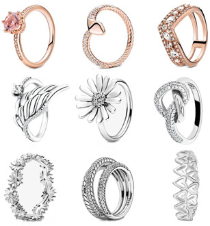 Trendy 925 Sterling Silver Ring Daisy Flower Sparkling Heart Tiara Crown Rings for Women Engagement Anniversary Jewelry