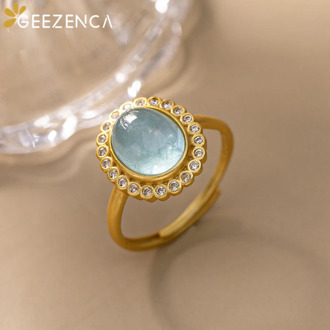 Trendy Vintage 925 Sterling Silver Gold Plated Blue Aquamarine Rings Fine Jewelry Natural Gemstone Open Ring Party Gift Women
