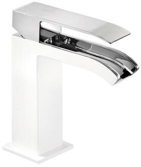 Tres Wastafelmengkraan Tres Cuadro Exclusive 1-Hendel Uitloop Gebogen 17 cm met Open Waterval Vierkant Chroom Wit Tres